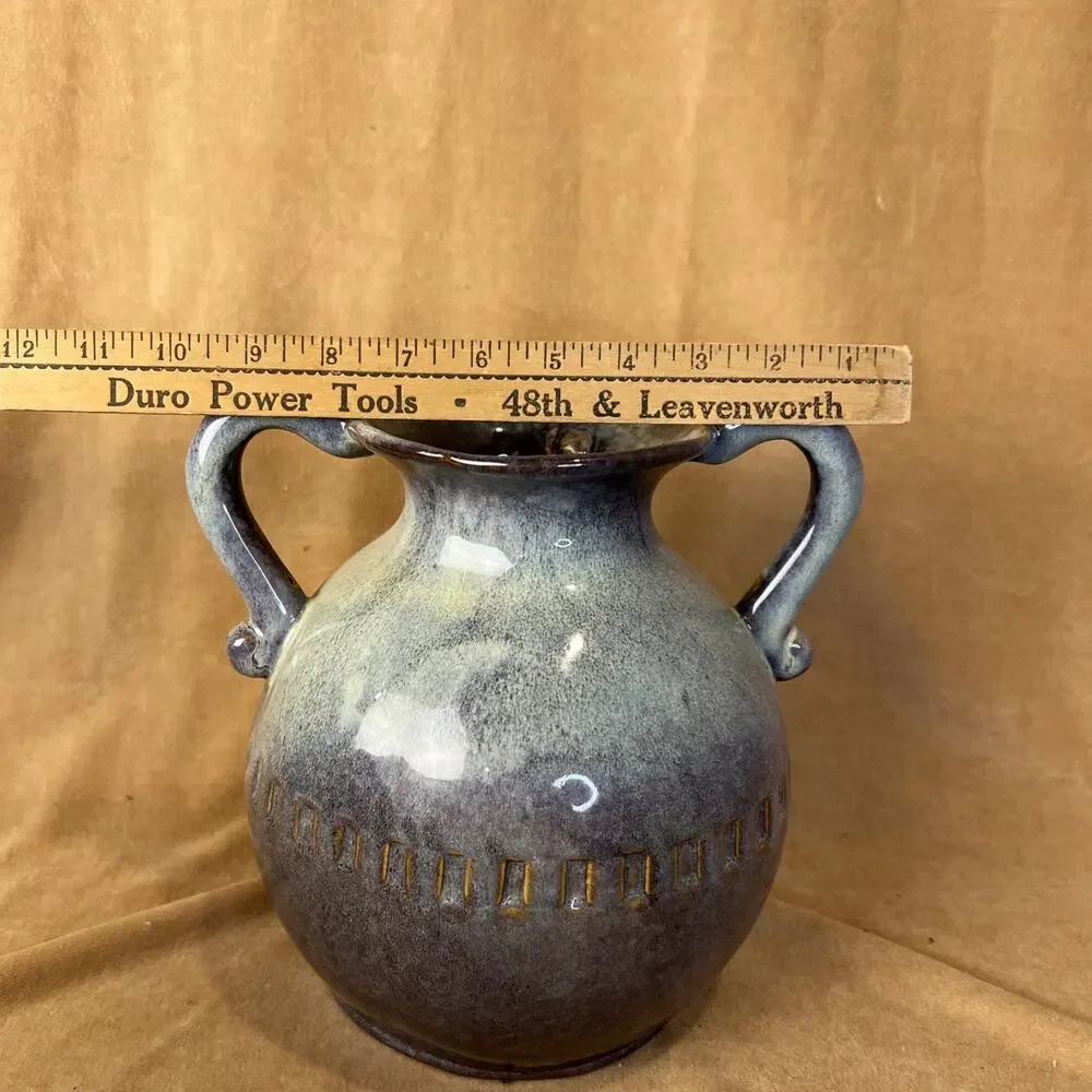 Creative Co-Op Stoneware Vase Two Handles‎ Blue Glaze 9 In